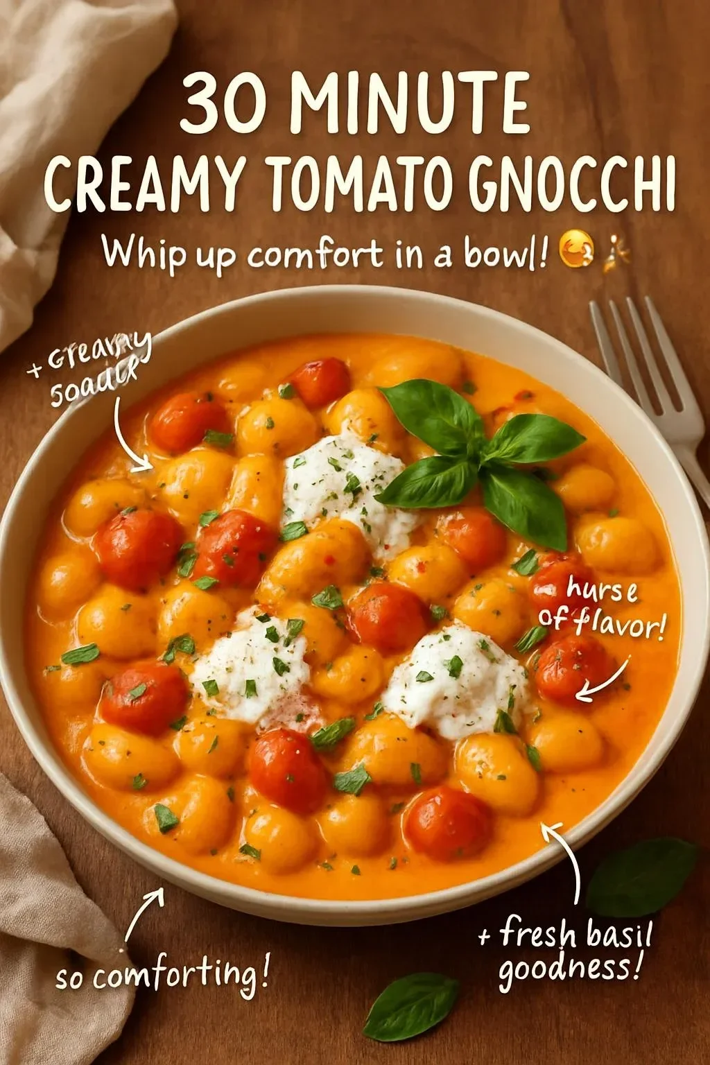 Bowl of creamy tomato gnocchi topped with fresh basil