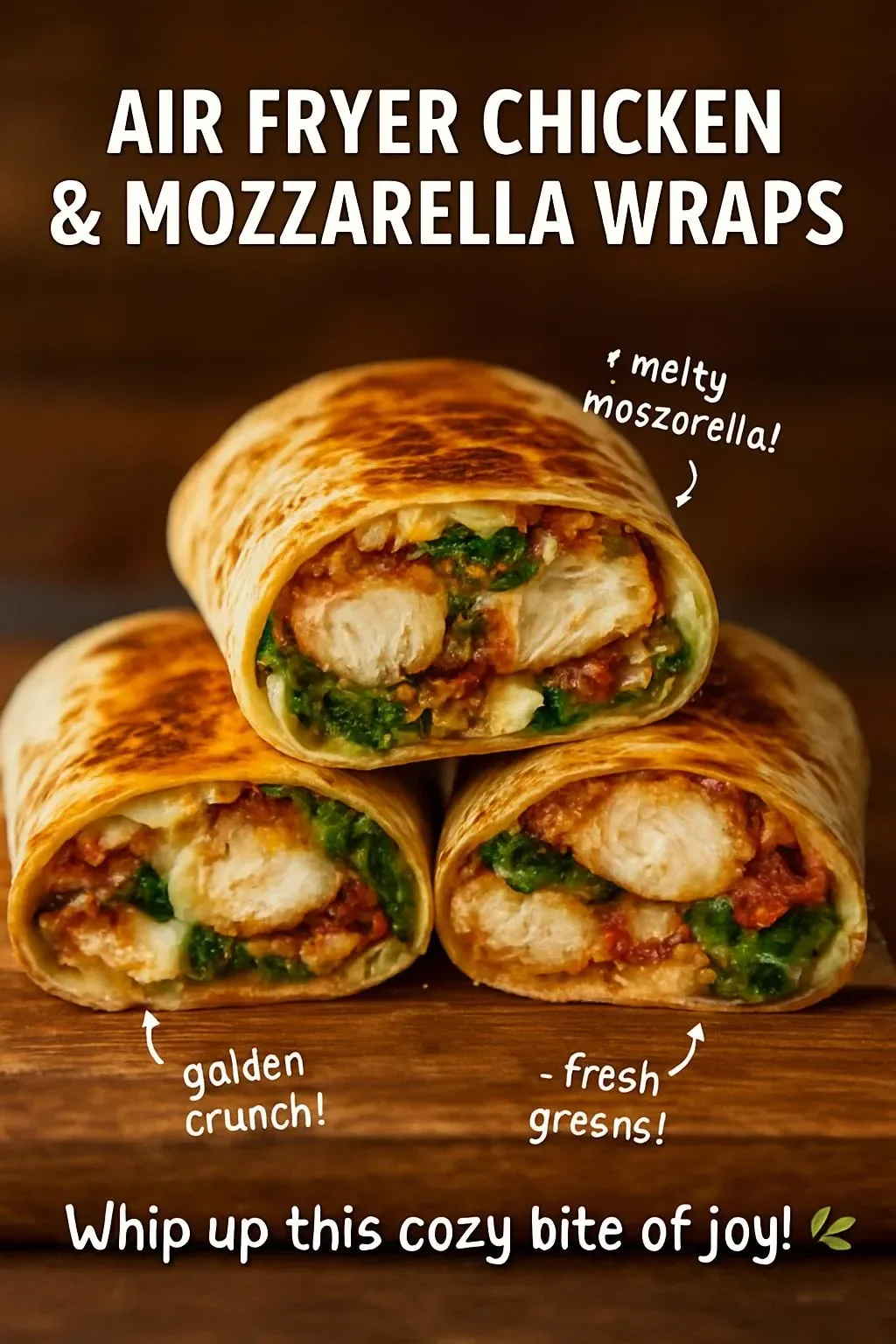 Air fryer chicken and mozzarella wraps on a plate ready to serve.