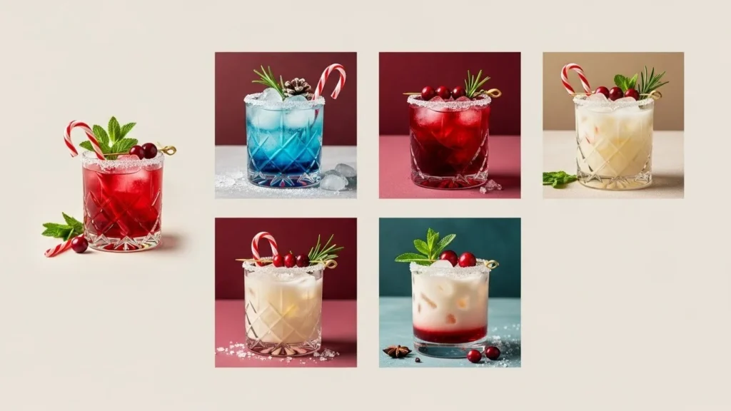 A variety of festive Christmas cocktails garnished with seasonal ingredients
