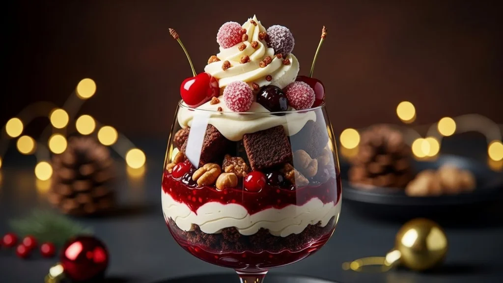 Delicious Black Forest Trifle dessert layered with chocolate and cherries for Christmas