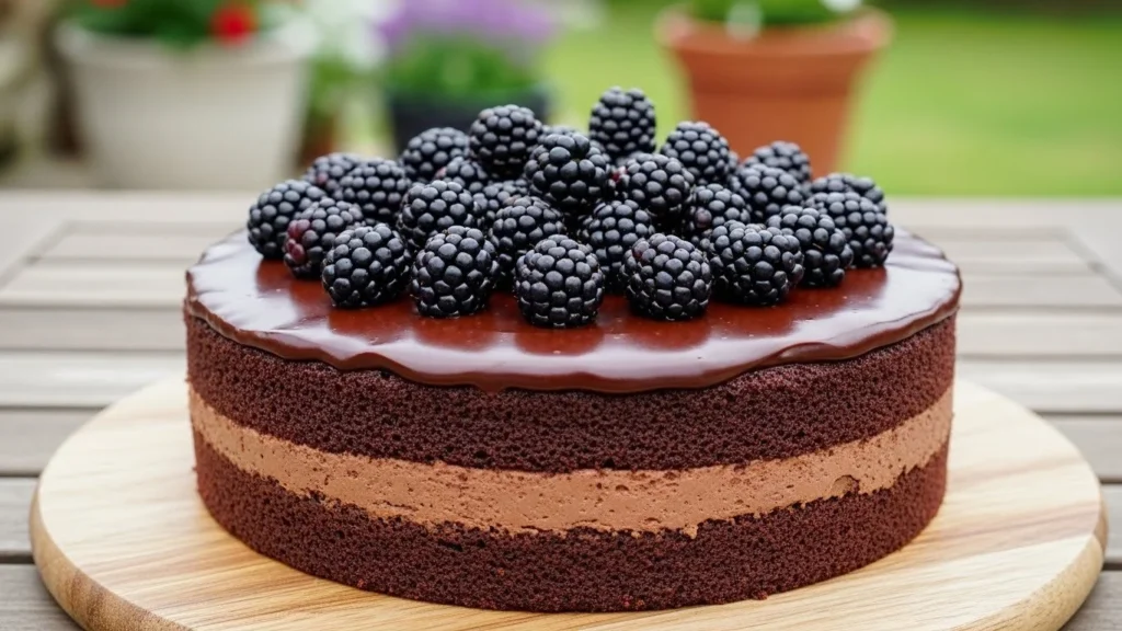 A beautifully decorated Blackberry Velvet Gothic Cake with dark velvet layers and fresh blackberries.