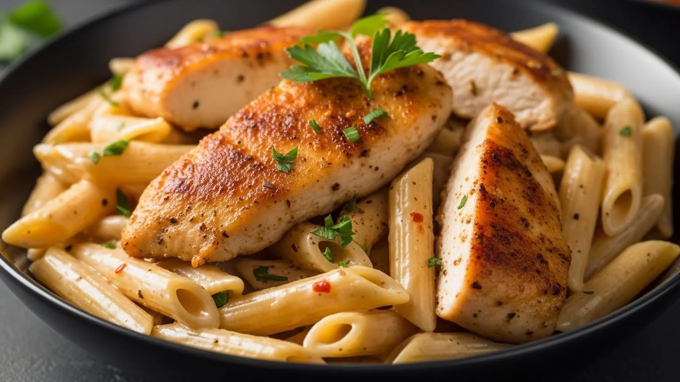 Plate of creamy Cajun Chicken Pasta garnished with herbs and spices