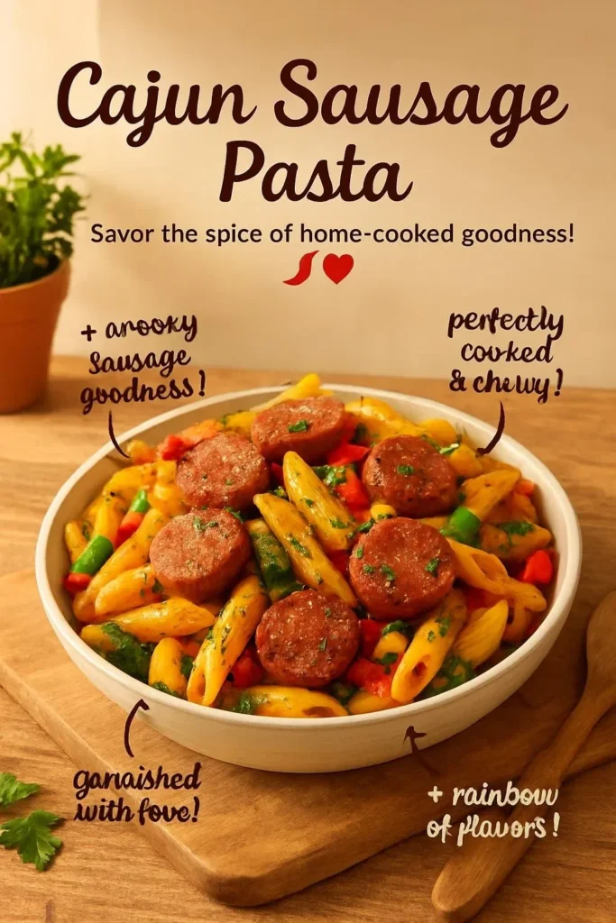 A delicious plate of Cajun Sausage Pasta with spices and colorful bell peppers.