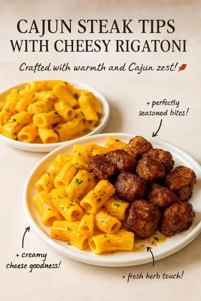 Cajun steak tips served with cheesy rigatoni on a plate