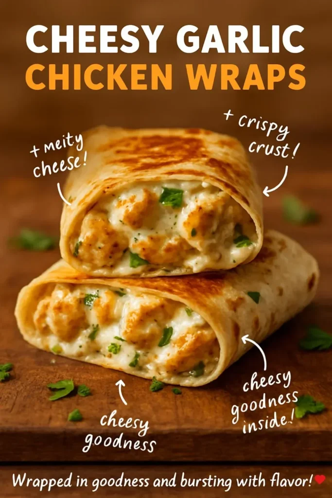 Delicious cheesy garlic chicken wraps served with fresh vegetables