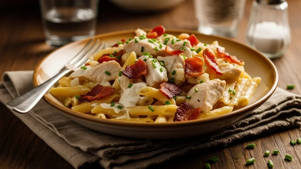 Delicious Chicken Bacon Ranch Pasta served with fresh ingredients.