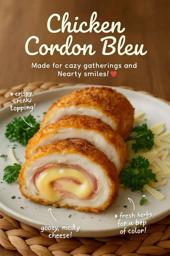 Delicious Chicken Blue Ribbon dish served on a plate with garnishes.