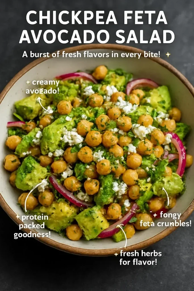 Chickpea Feta Avocado Salad with fresh ingredients in a bowl