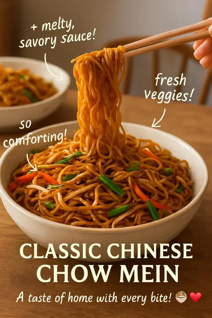 Delicious plate of Classic Chinese Chow Mein with vegetables and noodles