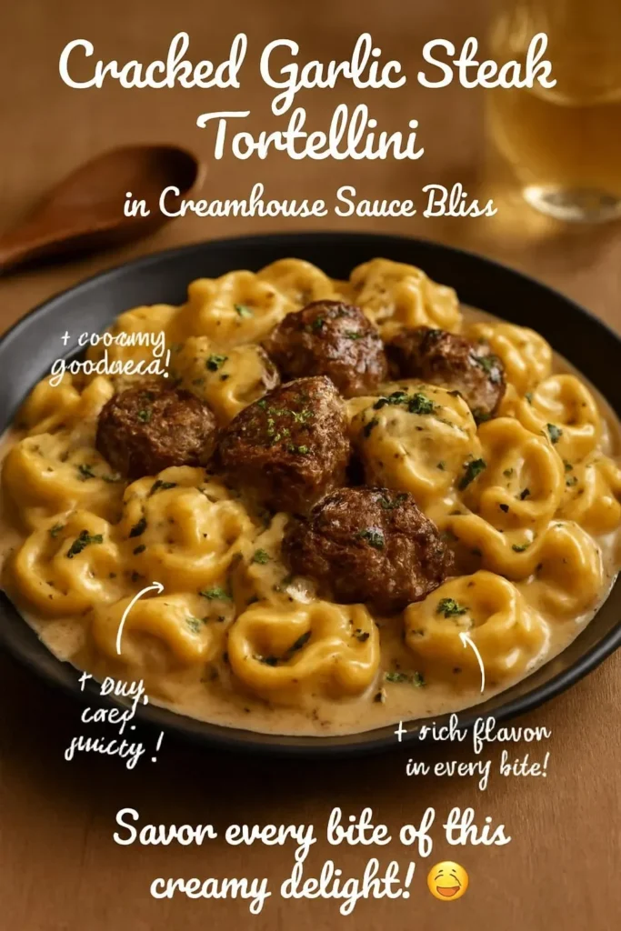 Cracked Garlic Steak Tortellini in creamy sauce served on a plate