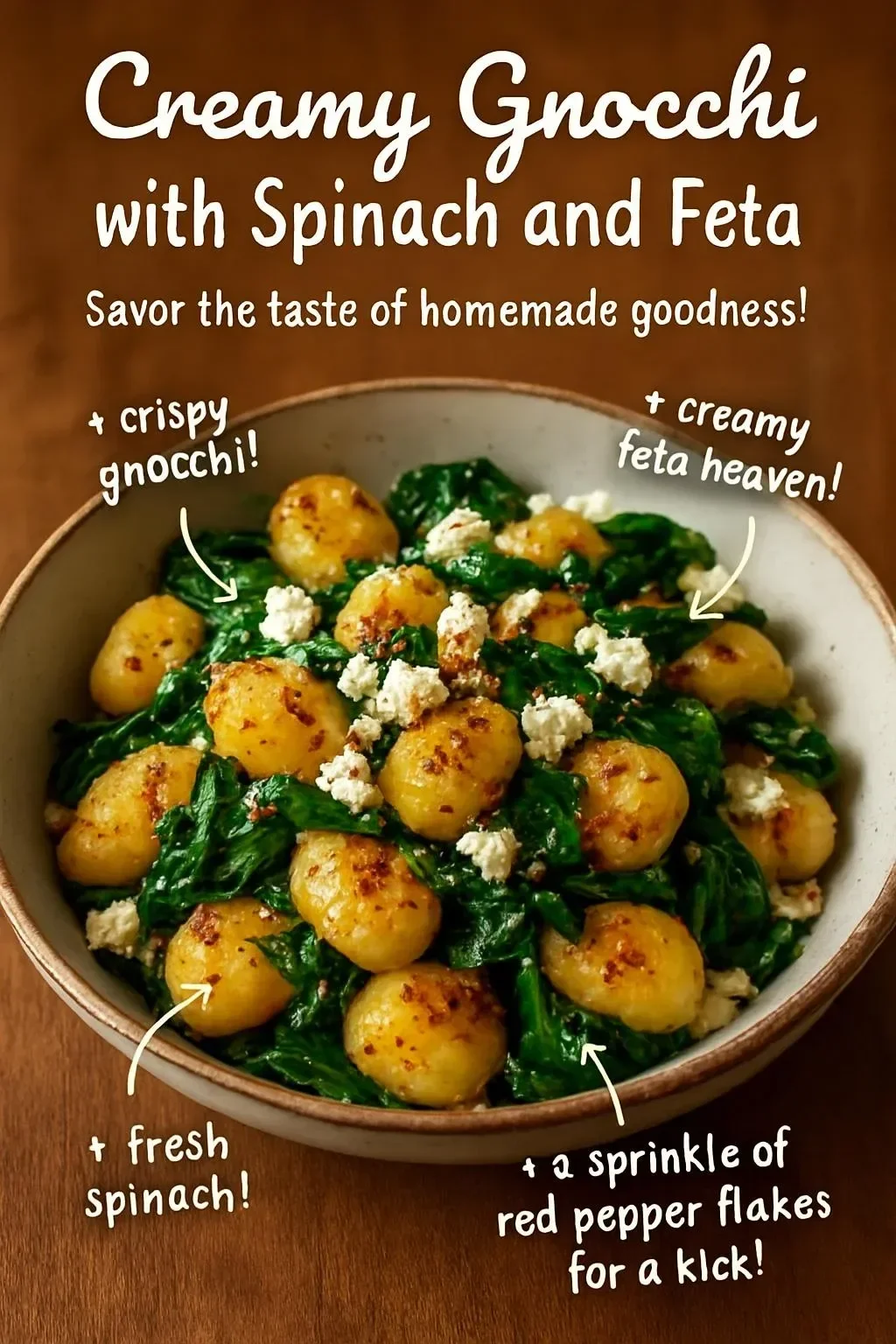 Creamy gnocchi dish topped with spinach and feta cheese