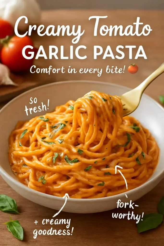 Bowl of creamy tomato garlic pasta topped with fresh herbs