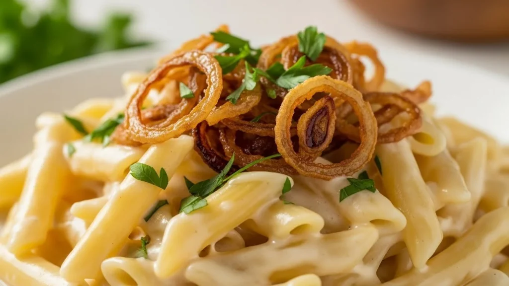 French onion chicken orzo casserole topped with melted cheese and herbs.
