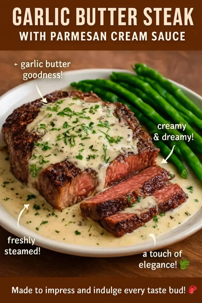 Delicious Garlic Butter Steak drizzled with Parmesan cream sauce on a plate.