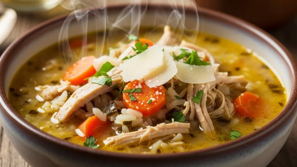 Bowl of Italian Penicillin Soup with fresh herbs and vegetables