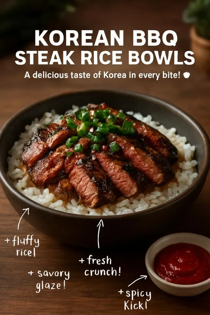 Korean BBQ steak rice bowls with fresh vegetables and sauce