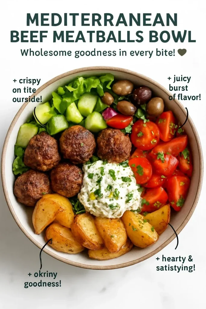 Mediterranean beef meatballs bowl with fresh ingredients and herbs