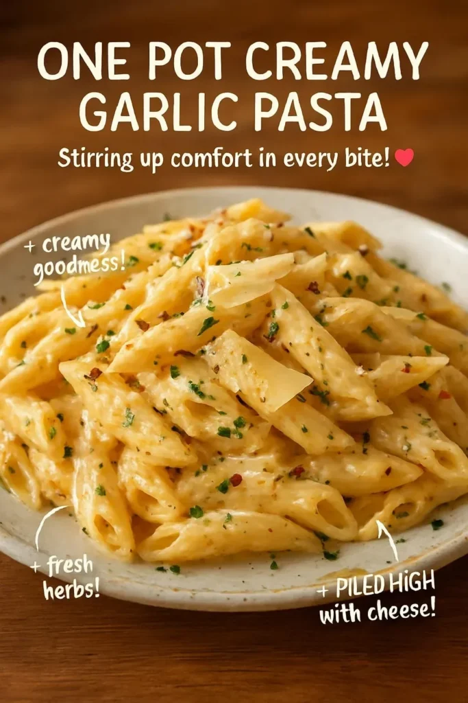 One pot creamy garlic pasta dish garnished with herbs