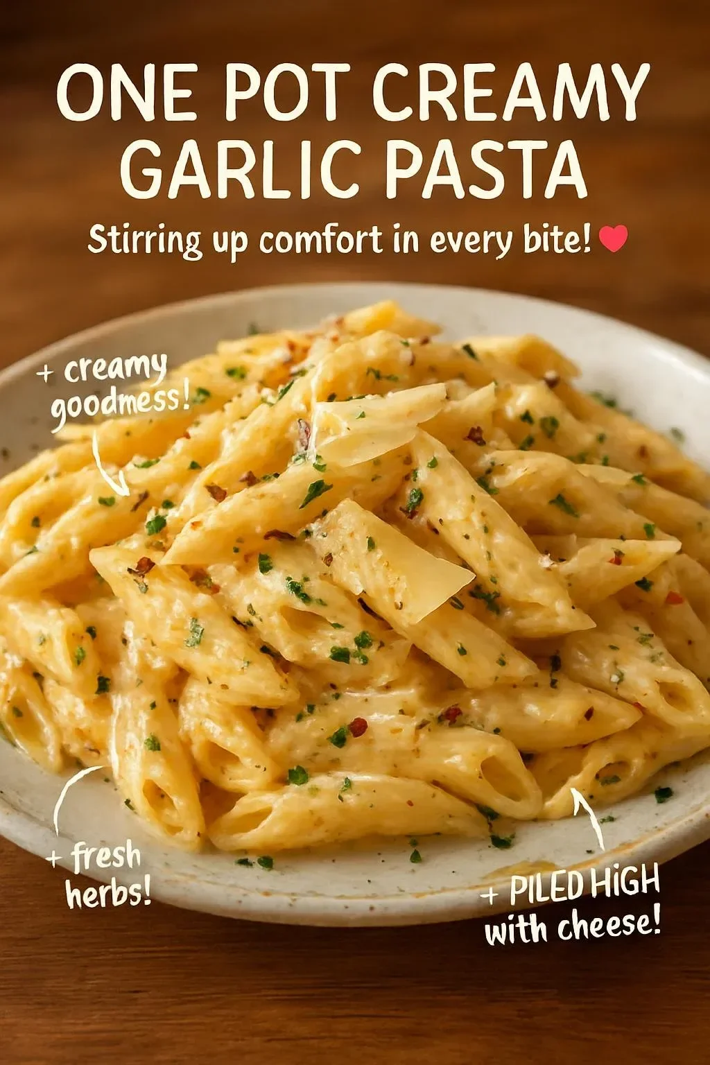 One pot creamy garlic pasta dish garnished with herbs