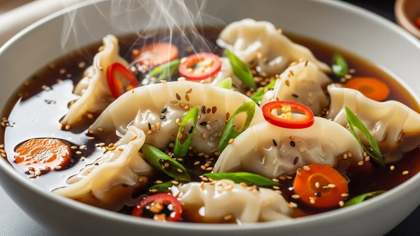 Bowl of Potsticker Soup with dumplings and green onions
