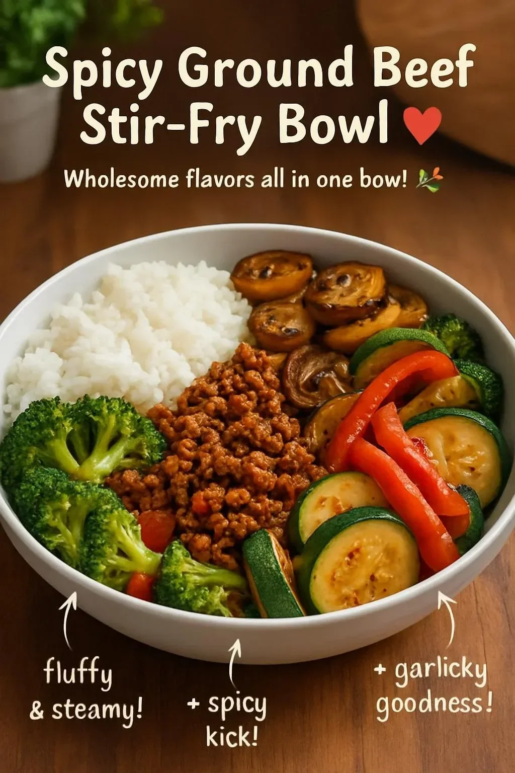 Spicy ground beef stir-fry bowl with garlic veggies and steamy rice