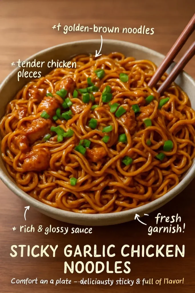 Delicious plate of sticky garlic chicken noodles garnished with green onions