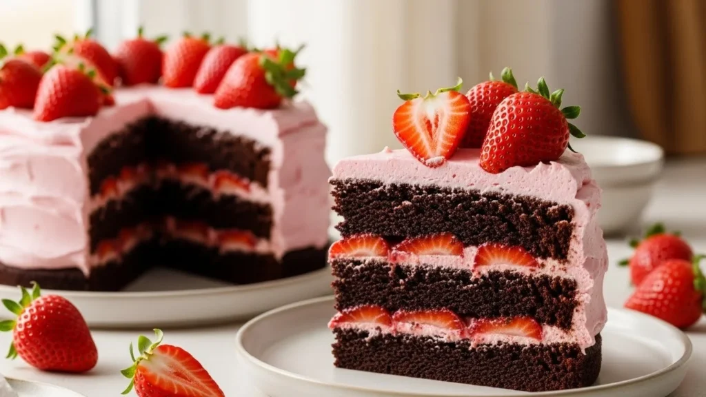 Delicious homemade Strawberry Chocolate Cake with fresh strawberries and chocolate frosting.