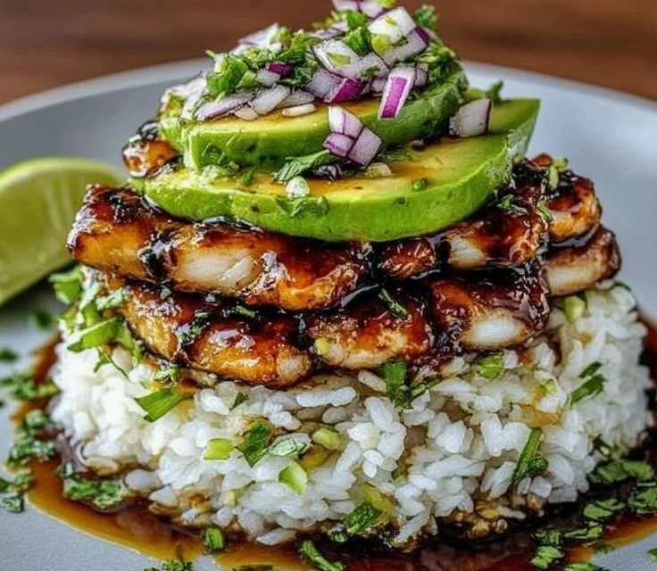 Tangy Honey Lime Chicken & Avocado Rice Stack That Delights