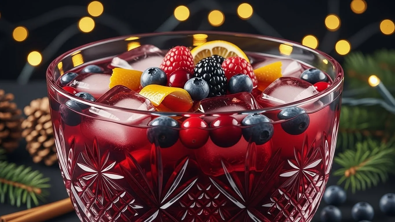 Colorful Winter Berry Punch served in a glass with seasonal decorations.
