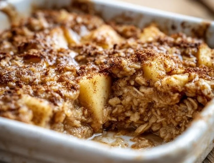 Bowl of Amish-style apple cinnamon baked oatmeal topped with apple slices and cinnamon