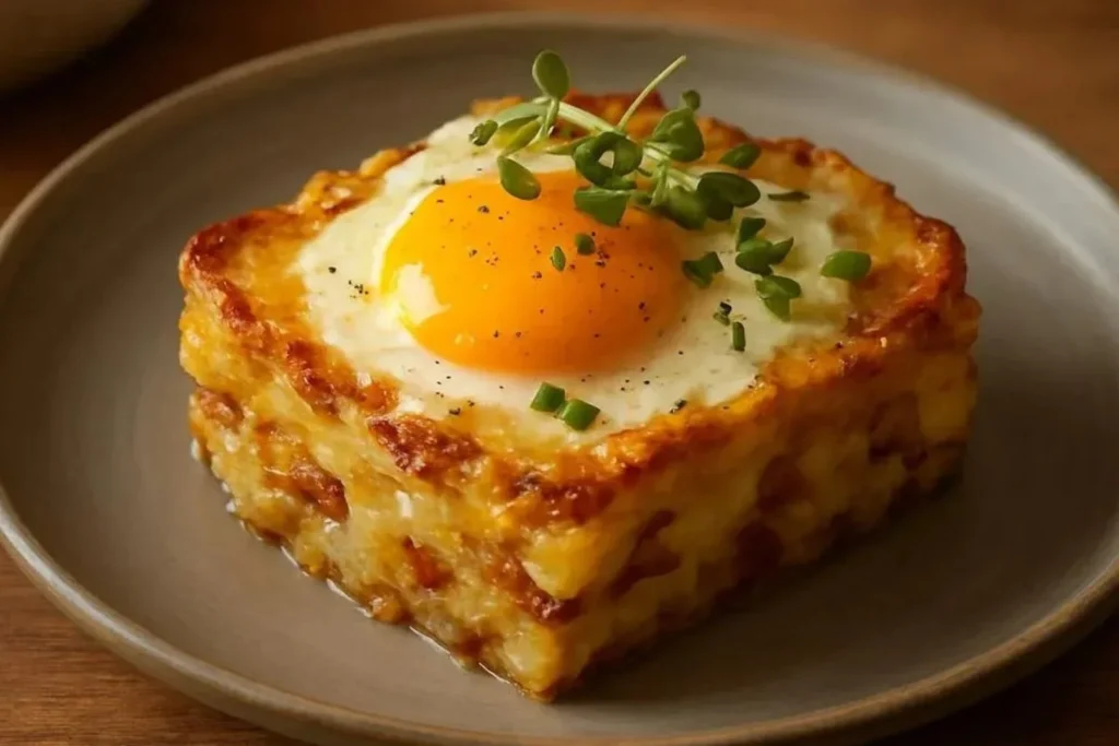 Delicious Baked Eggs Napoleon served in a stylish dish