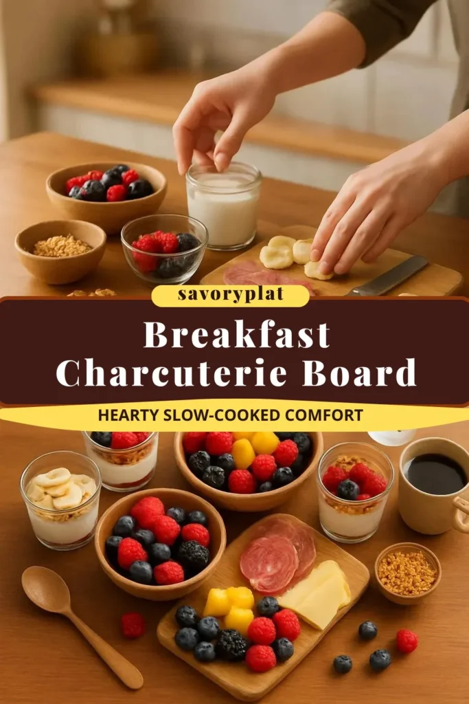 Colorful breakfast charcuterie board with fruits, pastries, and cheeses