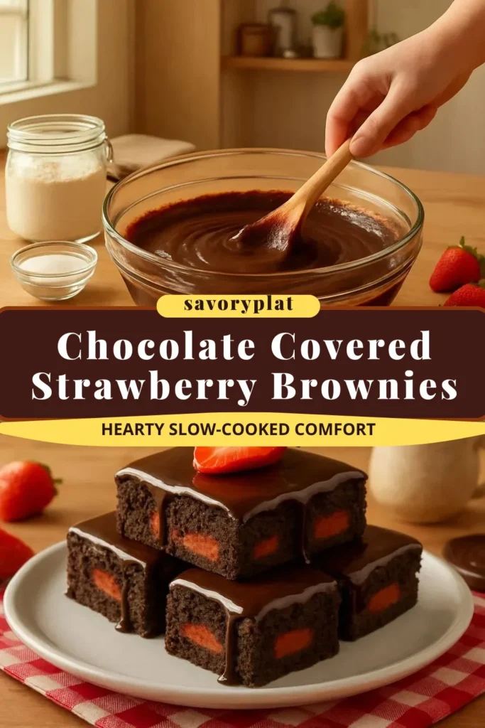 Chocolate covered strawberry brownies served on a plate