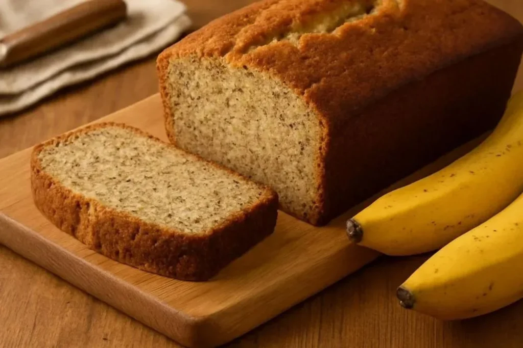 Loaf of classic banana bread made in a bread machine on a wooden cutting board.