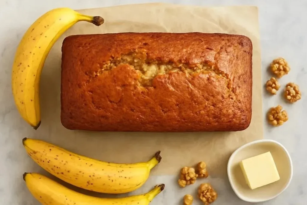 Loaf of delicious easy banana bread on a wooden cutting board