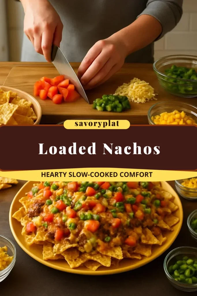 Plate of delicious loaded nachos topped with cheese, jalapeños, and salsa