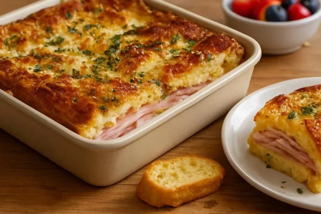 Monte Cristo breakfast casserole baked with ham, cheese, and French toast