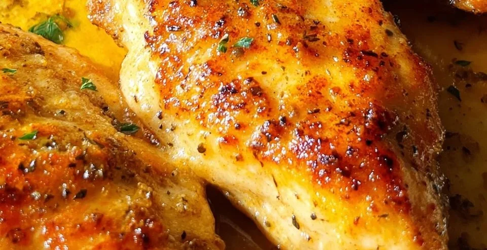 Oven baked chicken breast garnished with herbs on a plate