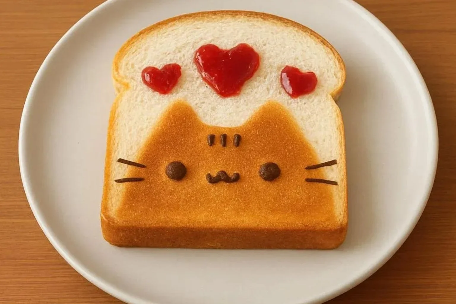 Pusheen-themed toast with strawberry jam hearts