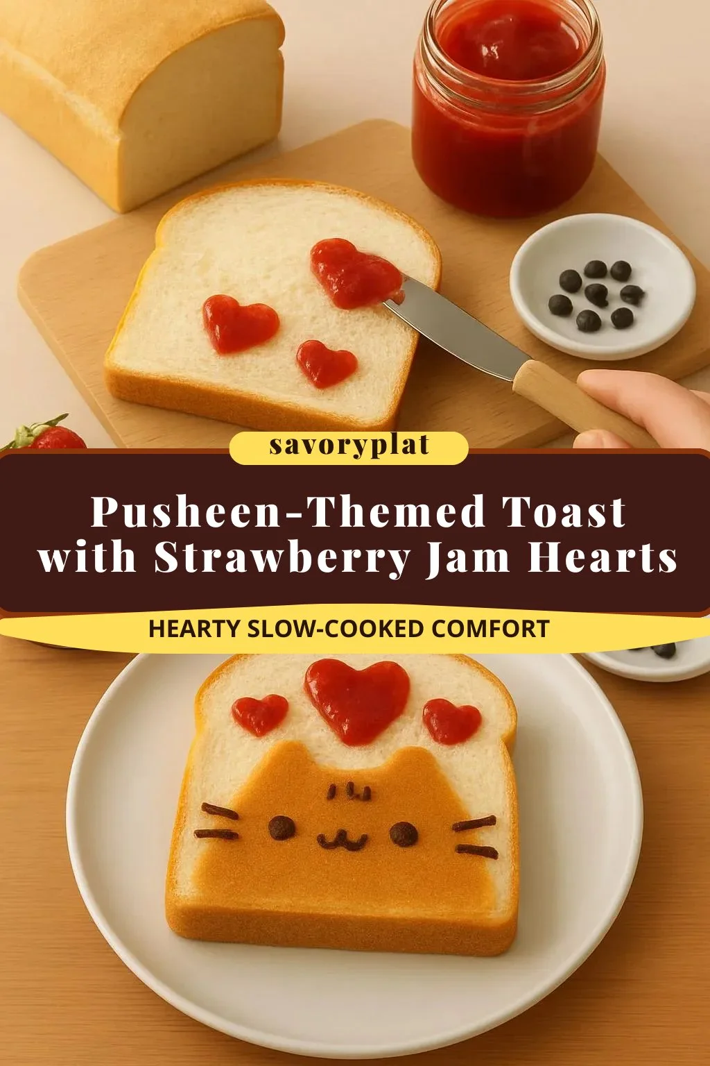 Pusheen-Themed Toast with Strawberry Jam Hearts