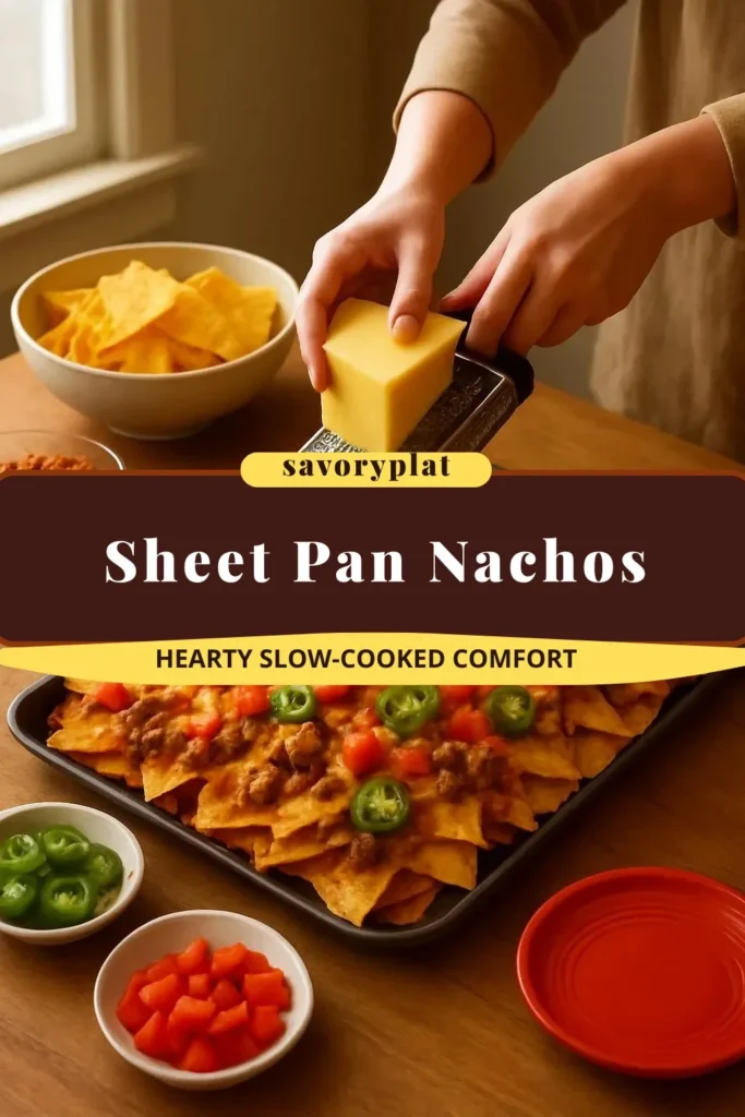 Delicious sheet pan nachos topped with cheese, jalapeños, and salsa