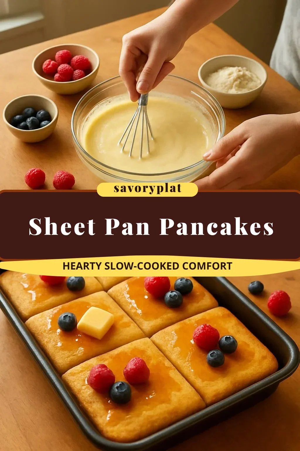 Delicious sheet pan pancakes ready to serve for breakfast