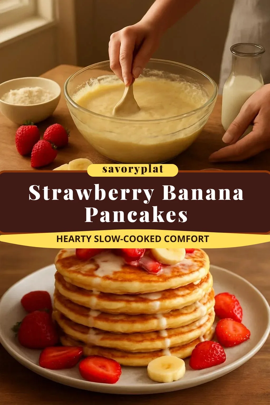 Delicious strawberry banana pancakes served with fresh fruit and syrup