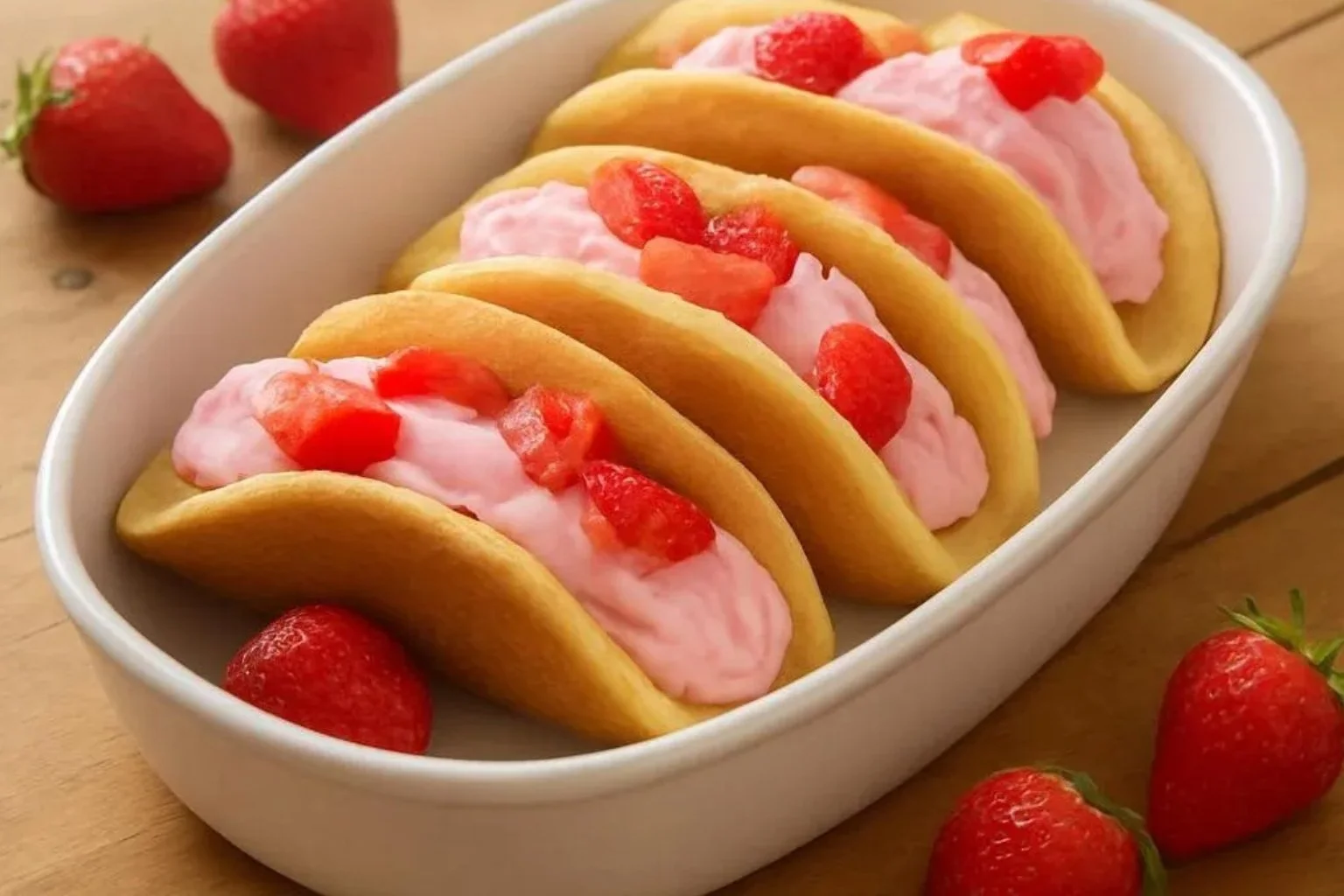 Strawberry pancake tacos topped with fresh strawberries and whipped cream