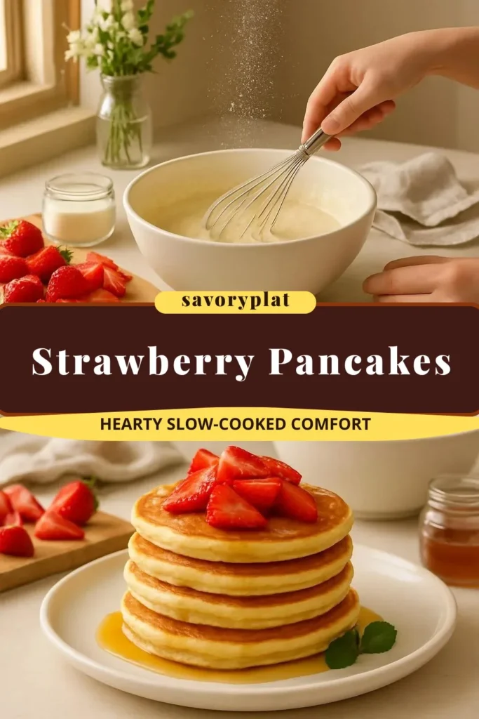 Delicious strawberry pancakes topped with fresh strawberries and whipped cream
