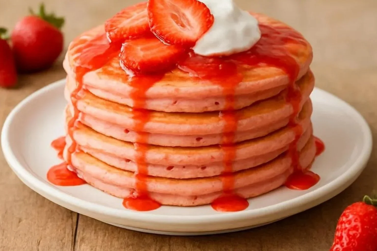Fluffy strawberry pancakes topped with fresh strawberries and syrup